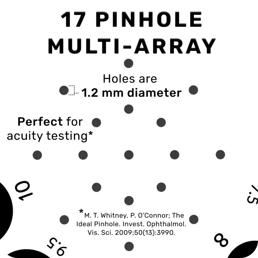 Multiple Pinholes on Pupil Gauge. 17 Pinhole Multi-Array. Holes are 1.2 mm diameter. Perfect for Acuity Testing. M. T. Whitney, P. O’Connor; The Ideal Pinhole. Invest. Ophthalmol. Vis. Sci. 2009;50(13):3990.