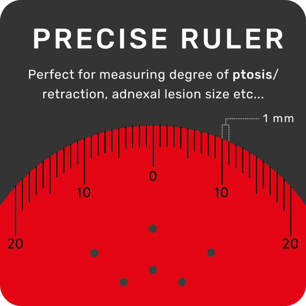 Precise Ruler on Pupil Gauge. Perfect for measuring degree of ptosis/retraction, adnexal lesion size etc.. 1mm increments.